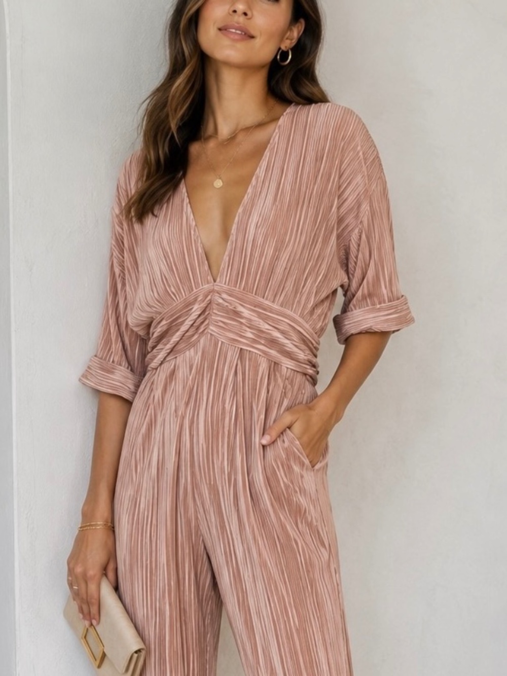 Viccolo Rose Pink Beige Plisse Pleated Jumpsuit V-Neck Button Ankle Sz M